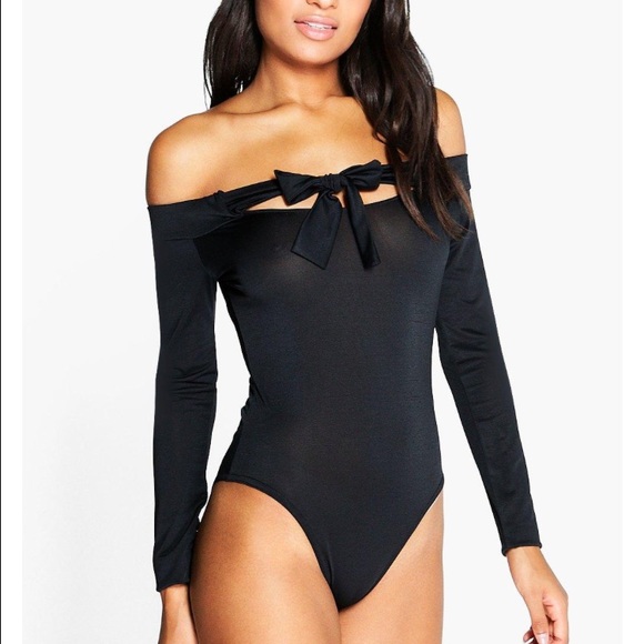 Boohoo Bow black off shoulder bodysuit - Picture 1 of 4